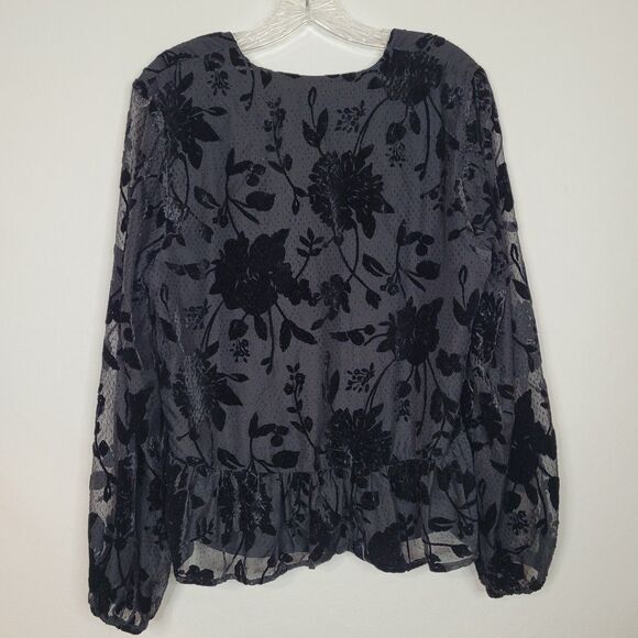 Express Top Black Floral Velvet Burnout Womens M Ruffles Sheer Sleeve Fairy Goth - Picture 2 of 10